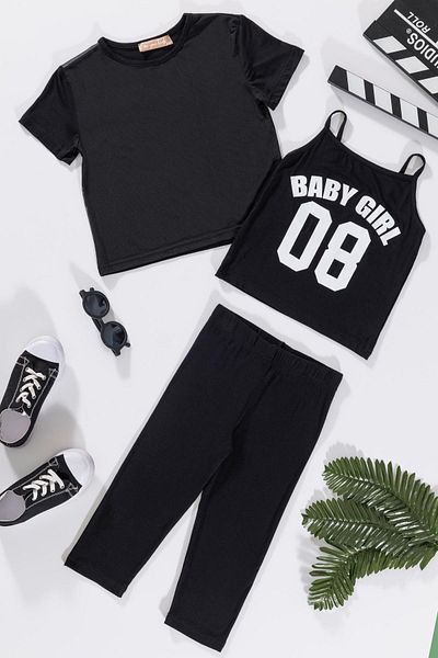 for you kids Set de 3 tricouri imprimate negre și jambiere de atlet pentru fetiță