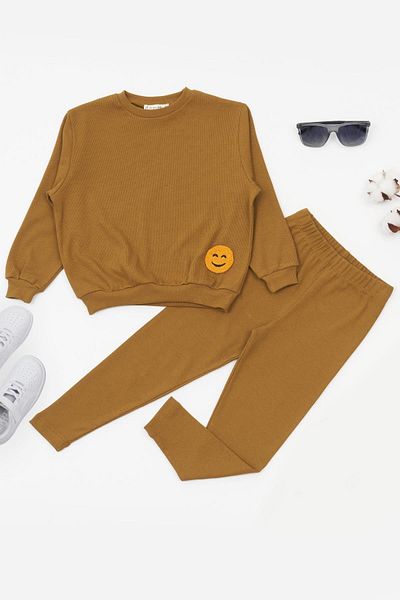 for you kids Emoji Embroidered Tights Mustard Top and Bottom Set