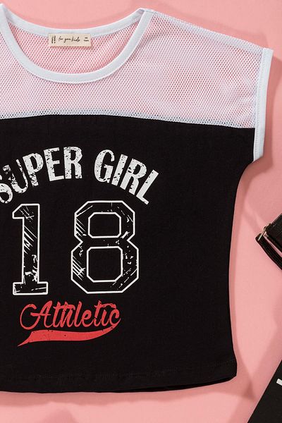 for you kids Printed Black T-shirt Shorts Set with Mesh Detail