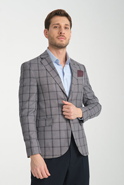 Frappoli Medardo Erkek Lacivert Ekoseli Slim Fit Dar Kesim Mono Yaka Spor Blazer Ceket