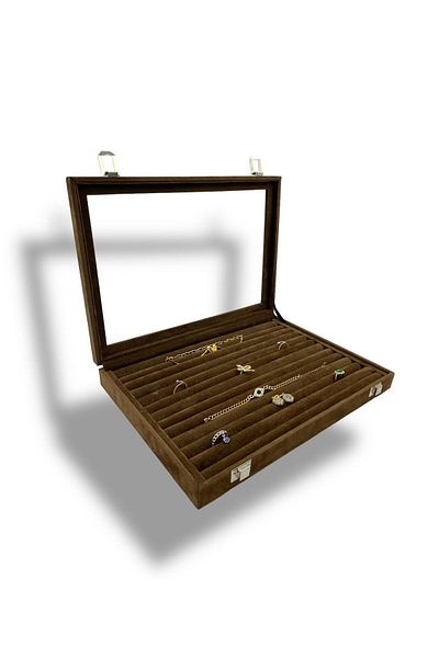Dijital Çarşı Richbox Ring Cufflink Brooch Jewelry Box Alcantara Brown