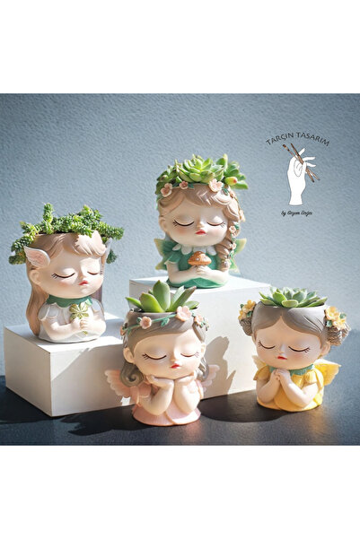 TARÇIN TASARIM 4'lü Kız Saksı,Hediyelik,Eşya,Kaktüs ve Sukulent Seti,Dekorati...