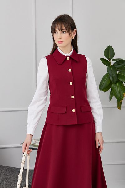 Fatma Atasoy Single Row Button Claret Red Short Vest