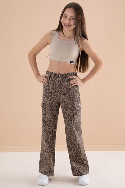 Cansın Mini Pantaloni blugi pentru fete cu picior lat maro cu imprimeu leopard - 20143