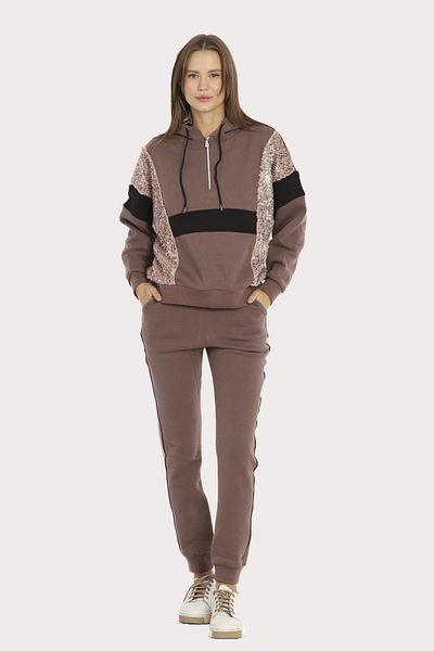 Piyera Women's Brown 3 Thread Zippered Hooded Sequin Sequin Embroidered Elastic Leg Tracksuit Set - 5203