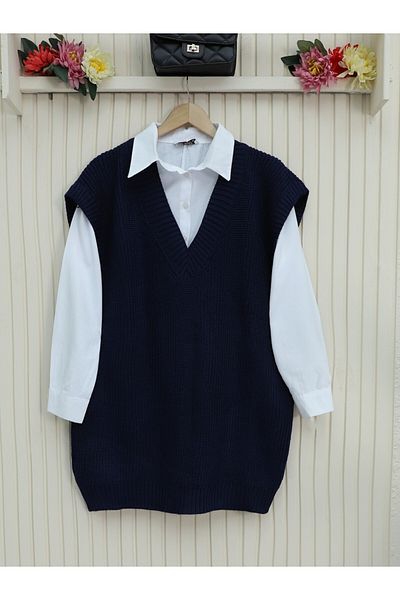 Modamorfo V-Neck Wide Ribbed Solid Brass Knitted Long Sweater - Navy