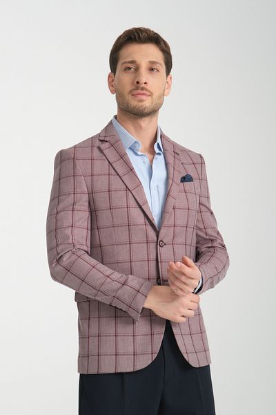 Frappoli Ανδρικό μπλέιζερ Medardo με μπορντό καρό Slim Fit Slim Fit Mono Collar Sports Blazer