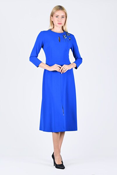 la luce Sax Omzu Boncuk Detaylı Elbise - LE485