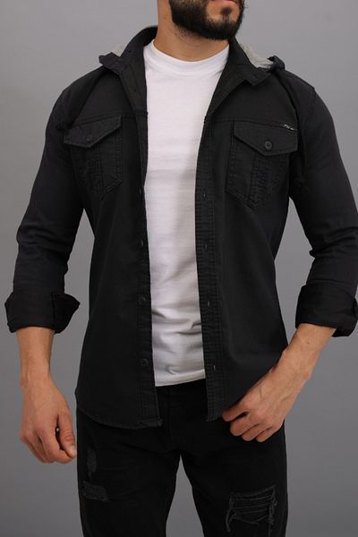 YXC Trend Maker Men's Black Slim Fit Slim Fit Hooded Denim Shirt