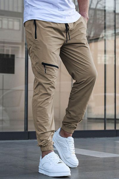 Madmext Camel Zipper Detailed Parachute Jogger Trousers