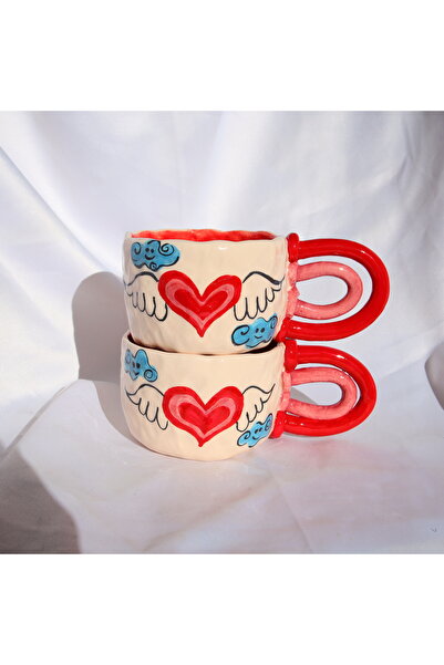 Lily & Loly Ceramics Kanatlı Kalp Desenli El Yapımı Seramik Tekli Kupa - 200 ...