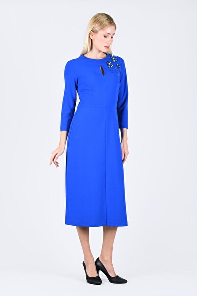 la luce Sax Omzu Boncuk Detaylı Elbise - LE485