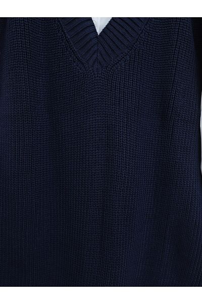 Modamorfo V-Neck Wide Ribbed Solid Brass Knitted Long Sweater - Navy