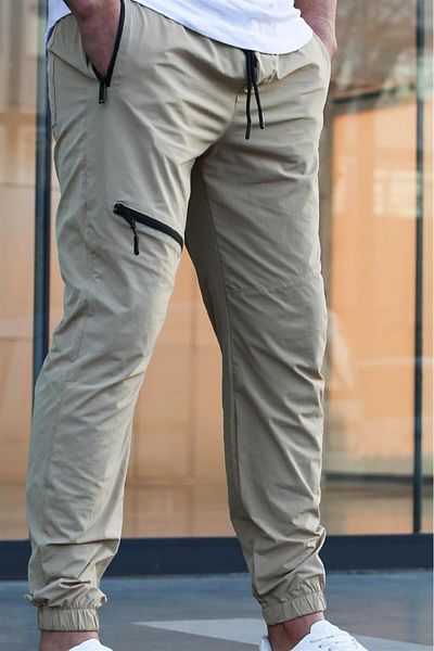 Madmext Beige Fallschirm-Jogginghose mit detailliertem Reißverschluss und Reißverschluss