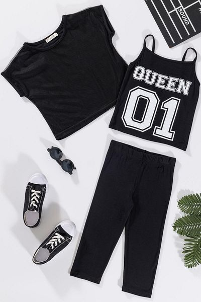 for you kids Tricou negru cu imprimeu Queen și jambiere de atlet - Set de 3