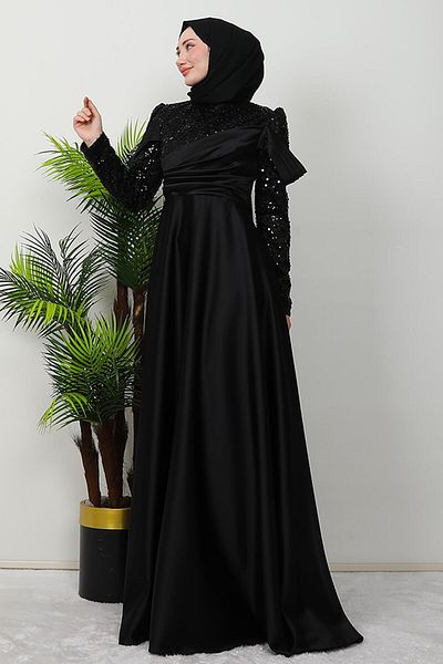 GİZ AGİYİM Rochie de seara neagra cu paiete si maneca drapat