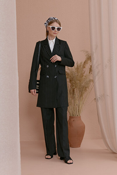 Fatma Atasoy Çizgili Pamuk Palazzo Siyah Pantolon