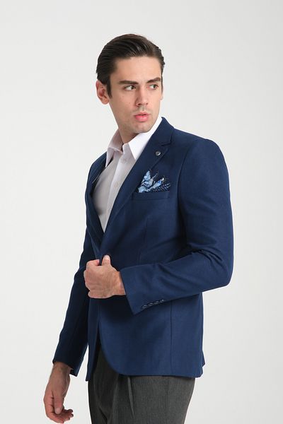 Frappoli Str Ανδρικό Indigo Slim Fit Μονόκλινο Αθλητικό Μπλέιζερ με μοτίβο