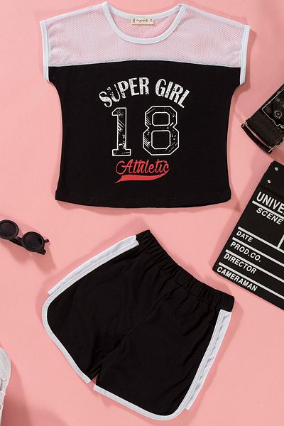 for you kids Printed Black T-shirt Shorts Set with Mesh Detail