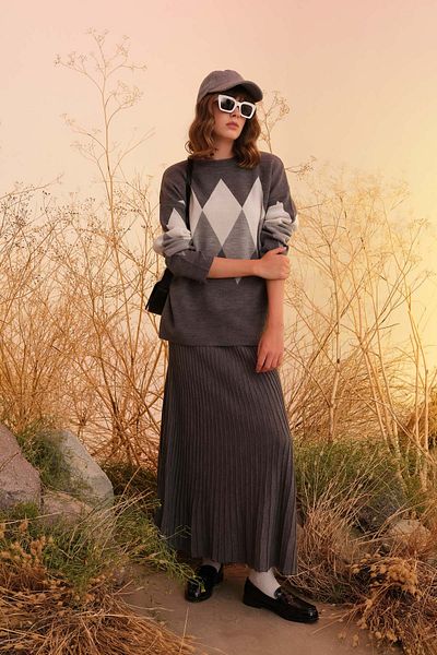 Fatma Atasoy Twisted Corded Anthracite Knitwear Skirt