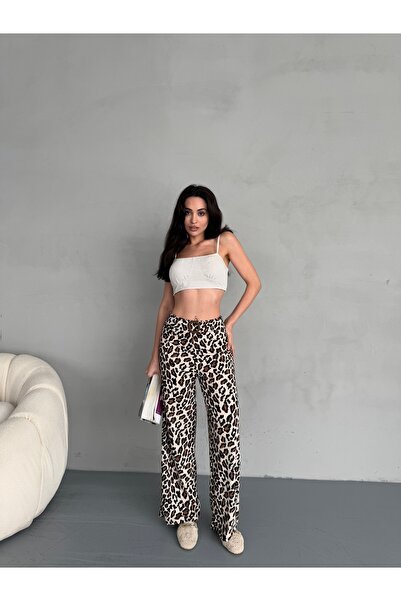 alanora Women's High Waist Leopard Print Buckle Detailed Palazzo Trousers