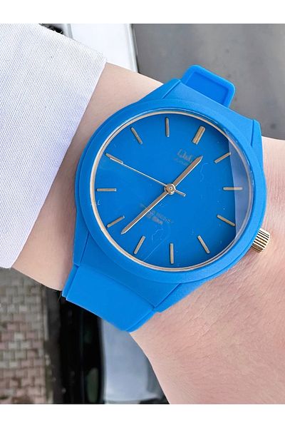 Q&Q Navy Green Striped Silicone Unisex Sports Watch - 10 Bar Waterproof, Light