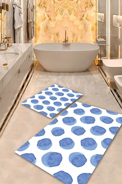 Aldora White-Blue Non-Slip Base Stamp Bathroom Mat Set Bps-5305