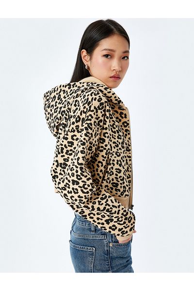 Koton Raster Leopard Print Hooded Zippered Crop Sweatshirt