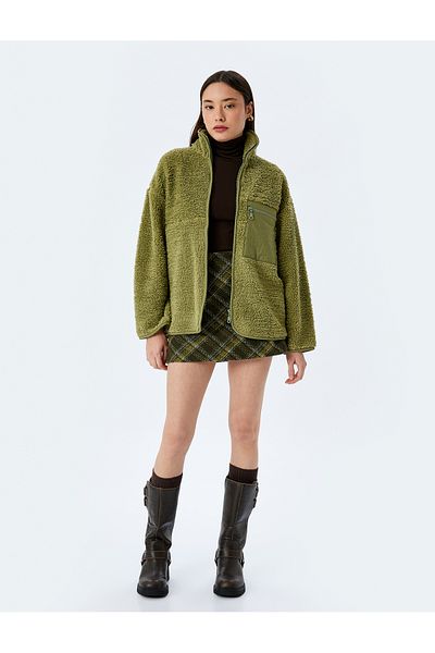 Koton Plush Oversize Sweatshirt with Stand Collar Zippered Pocket Detail