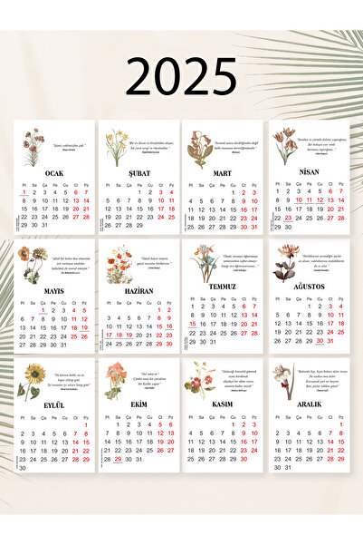 TasarıMarketi 2025 Yılı Ahşap Ayaklı Çiçekli Özlü Sözlü Minimal Masa Takvimi A6 Boyutlu