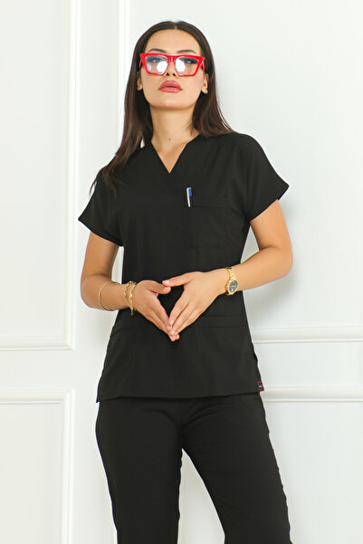 EDİFOR Scrubs Siyah Doktor/ Hemşire Forması Alt Üst Takım Cerrahi Forma (Kadın)