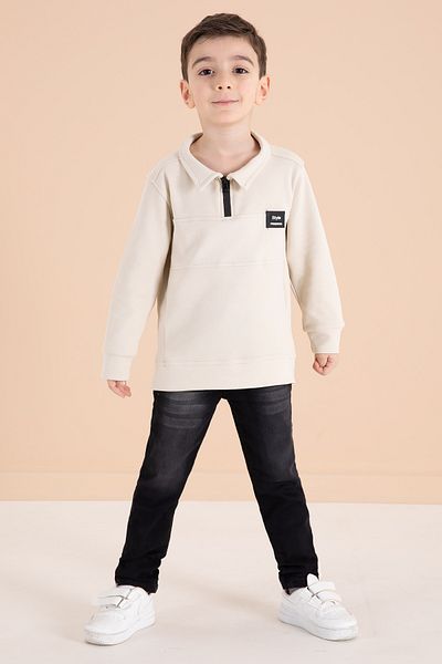 Cansın Mini Cream Zipper Collar Sweatshirt and Jean Pants Boys' Suit 20109
