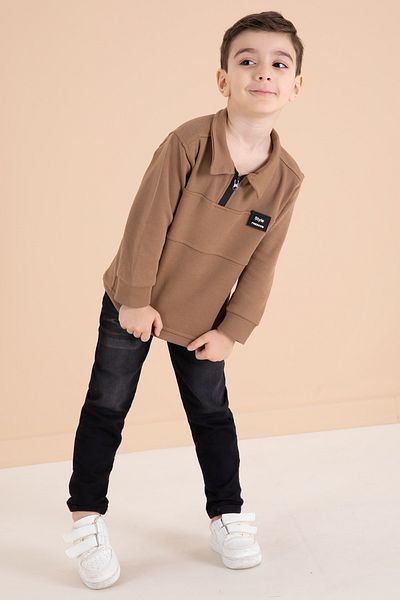 Cansın Mini Coffee Zipper Collar Sweatshirt and Jean Pants Boys' Suit 20108