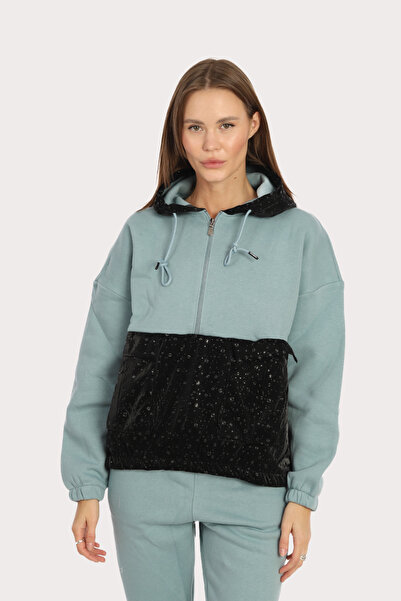 Piyera Kadın Mavi 3 İplik Yakası Fermuarlı Kapüşonlu Damla Desenli Paçası Lastikli Eşofman Takımı - 5204