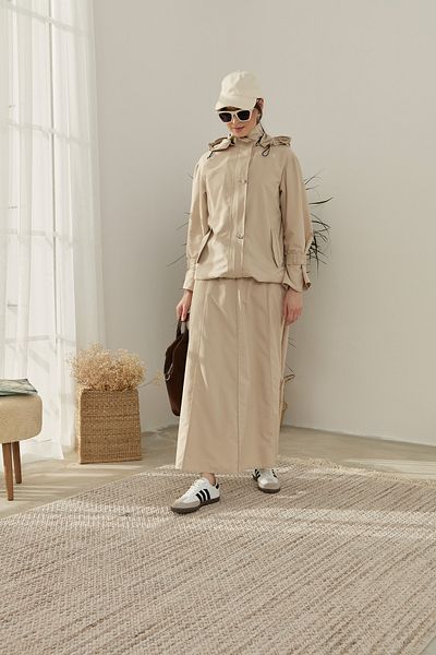 Fatma Atasoy Midi Raincoat with Stopper Trench Stone