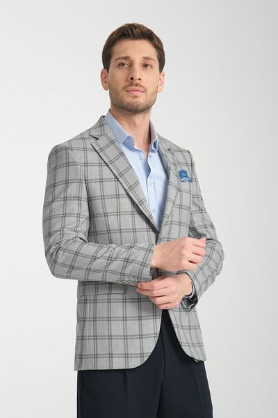 Frappoli Sanofi Ανδρικό γκρι καρό Slim Fit Mono Collar Sports Blazer Jacket
