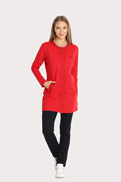 Piyera Kadın Kırmızı İki İplik Kumaş Cepli Bisiklet Yaka Taşlı Boncuklu Fermuarlı Tunik Takım - 7461