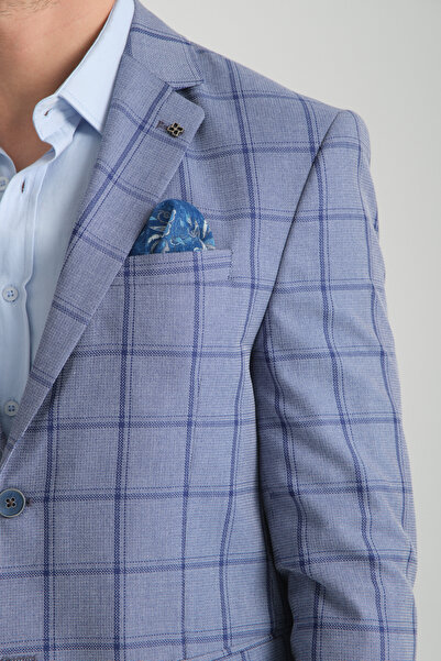 Frappoli Medardo Erkek Saks Ekoseli Slim Fit Dar Kesim Mono Yaka Spor Blazer Ceket