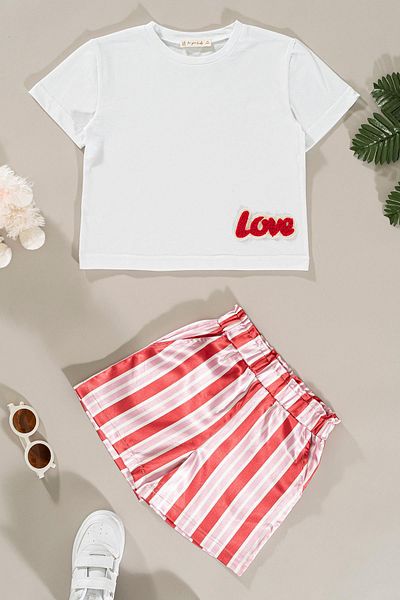 for you kids Love Embroidered Red and White Striped Shorts Top and Bottom Set
