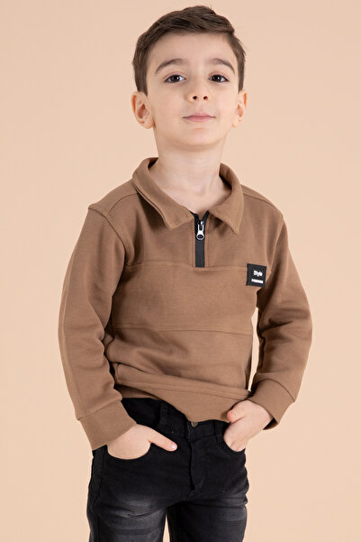 Cansın Mini Кафяв суитшърт с цип яка и дънки за момче, костюм 20108