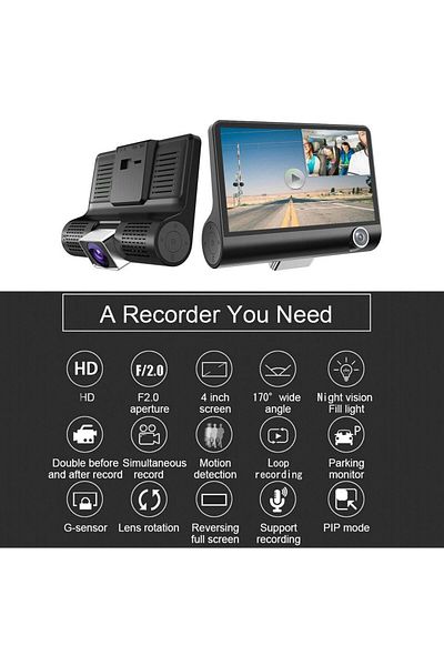 COOYA Three Lens Night Vision DVR Dash Car Camera,4 inch,HD 1080P,170° Wide Angle,Loop Recording