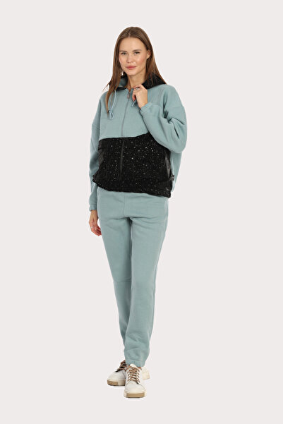 Piyera Kadın Mavi 3 İplik Yakası Fermuarlı Kapüşonlu Damla Desenli Paçası Lastikli Eşofman Takımı - 5204