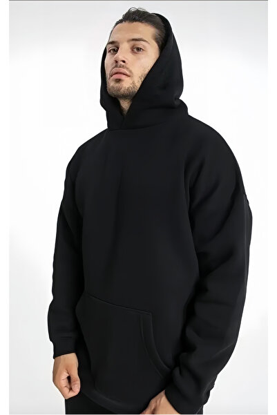 Baskısız Siyah Cepli Kapüşonlu Sweatshirt Hoodie (OKUL SWEATSHİRT)
