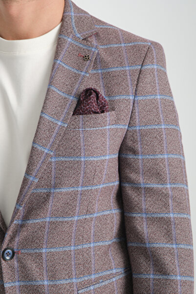 Frappoli Vestore Men's Burgundy Plaid Slim Fit Mono Collar Sports Blazer Jacket