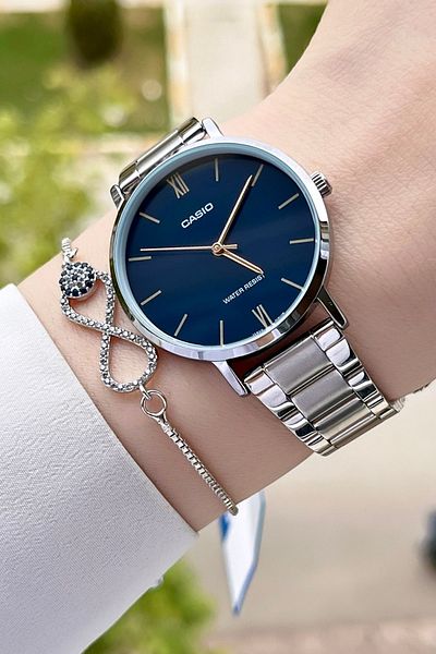 Casio Silver Color Women's Wristwatch with Dark Blue Cord