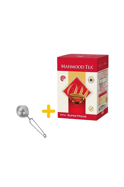 Mahmood Tea Ceylon Pekoe Bulk Tea 400 gr and Silver Tea Strainer Bundle with Globe Design