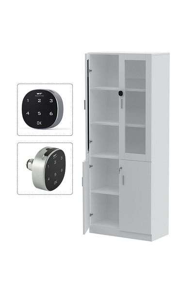 Mahmayi Carre 1123 Full Height Bookshelf Cabinet with Digital Lock Wooden Bookshelf for Home-White