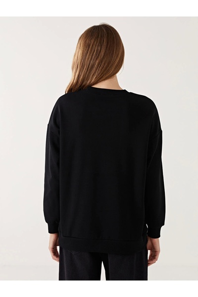 LC Waikiki Lcw Modest Siyah Baskılı Oversize Kadın Kalın Sweatshirt Tunik