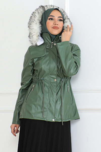 BurcuFashion Belden Bağcık, Yan cep Fermuar detaylı  Kapşonulu Kısa Deri Mont...