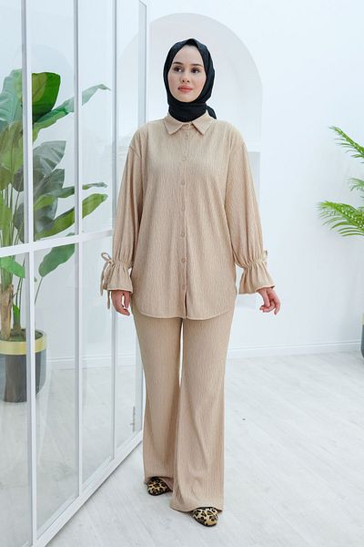 LOCCO Cream-Colored Women's Two-Piece Set - Sleeve Ruffle and Wrap Detail